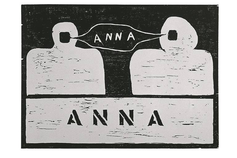 Xilogravura em preto e branco com duas silhuetas que falam "Anna"