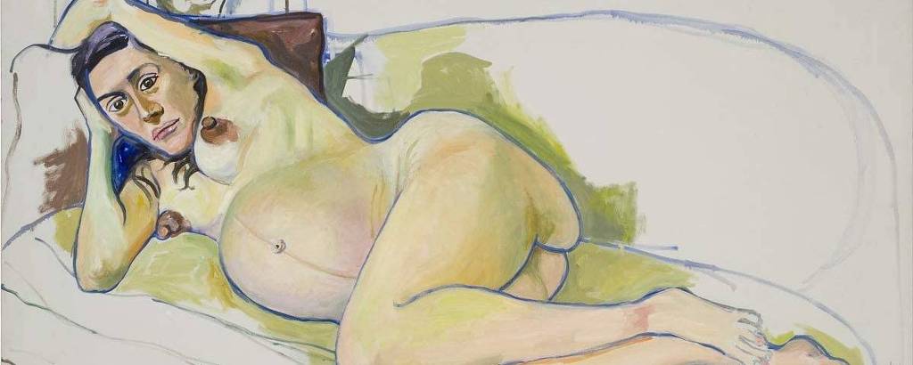 pintura mostra mulher branca grávida e nua deitada