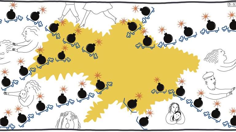 Ilustração que representação, sobre o mapa do território da Ucrânia pintado de amarelo, desenhos de bombas sobre pequenos caminhões em fileiras, além do desenho de pessoas correndo e gritando