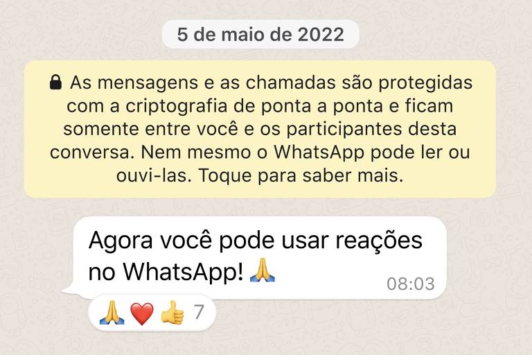 Novo recurso do WhatsApp permite que usuários reajam a mensagens com emojis