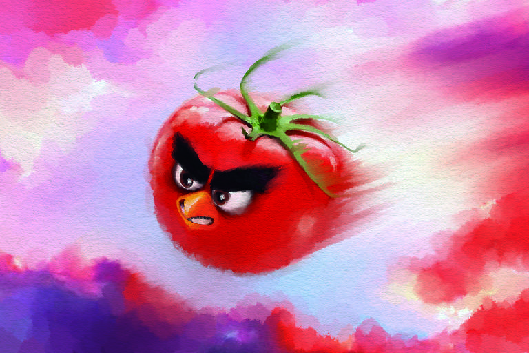 A ilustração de Adams Carvalho, publicada na Folha de São Paulo no dia 07 de Maio de 2022, mostra o desenho de um tomate voando no céu repleto de nuvens. Ele está caracterizado como o personagem do jogo "Angry Birds", tendo uma forte expressão de braveza e grandes sobrancelhas acentuadas.