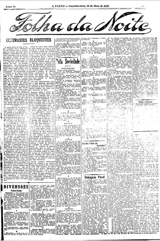 Primeira Página da Folha da Noite de 29 de maio de 1922 