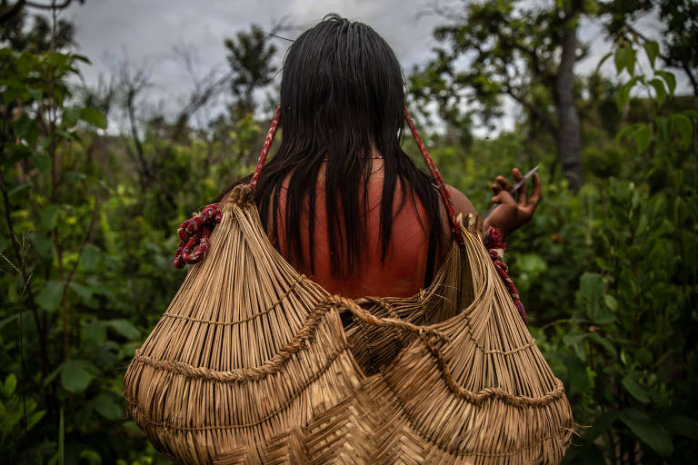 Mulher indígena caminha com cestos cheios de frutas e sementes durante expedição de tribo xavante na Terra Indígena Pimentel Barbosa (MT)
