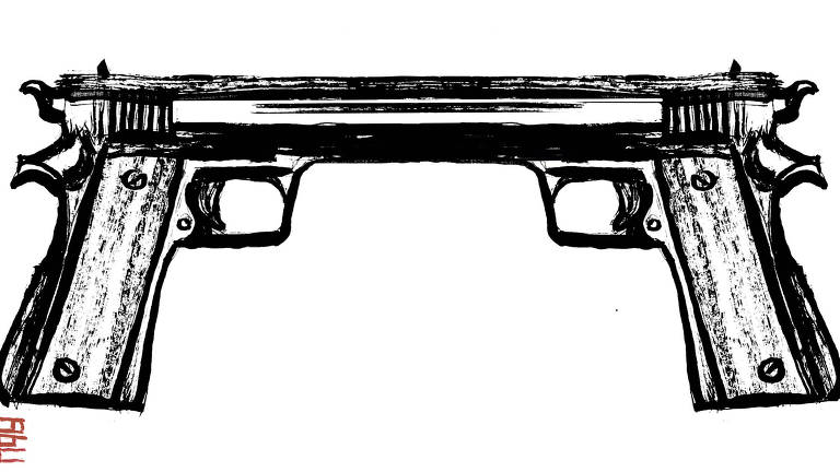Modelo de pistola usada na segunda guerra mundial tem seu cano fundido ao de uma idêntica a ela, de modo que ao mesmo tempo que apontam uma para outra, se fundem em um mesmo objeto