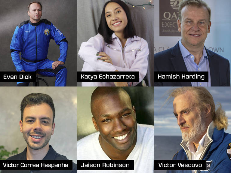 O sexteto que vai voar na missão NS-21 da Blue Origin; dentre eles o brasileiro Victor Correa Hespanha