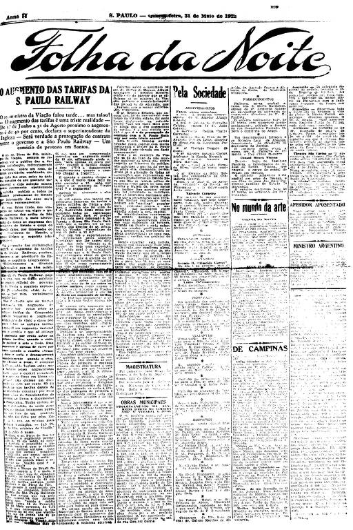 Primeira Página da Folha da Noite de 31 de maio de 1922