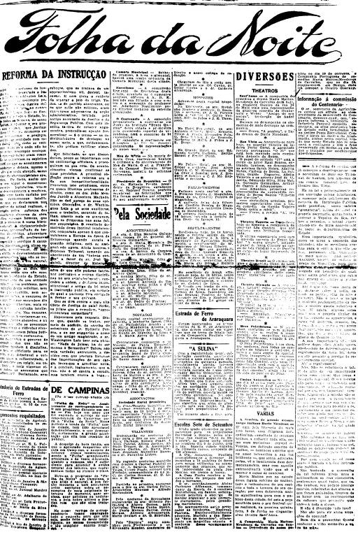 Primeira Página da Folha da Noite de 1º de junho de 1922