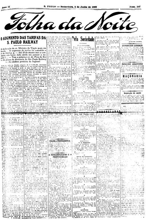 Primeira Página da Folha da Noite de 2 de junho de 1922