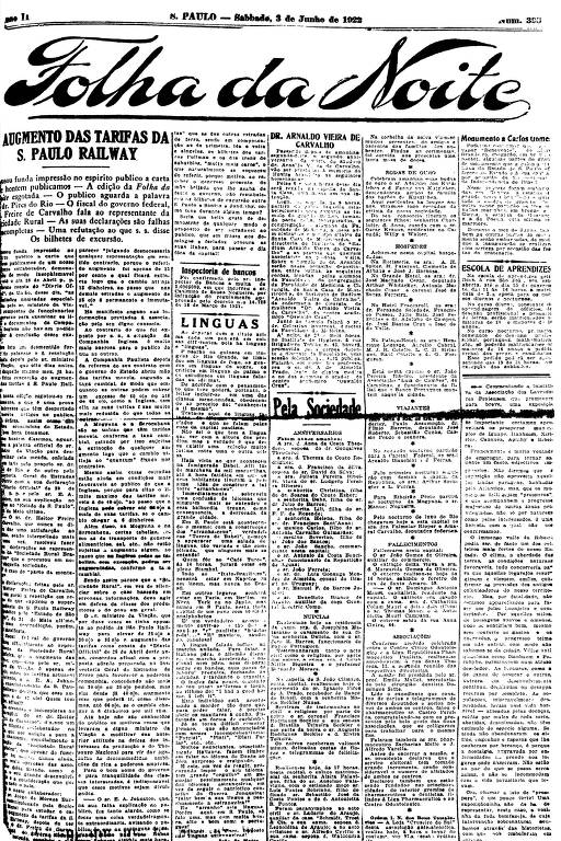 Primeira Página da Folha da Noite de 3 de junho de 1922