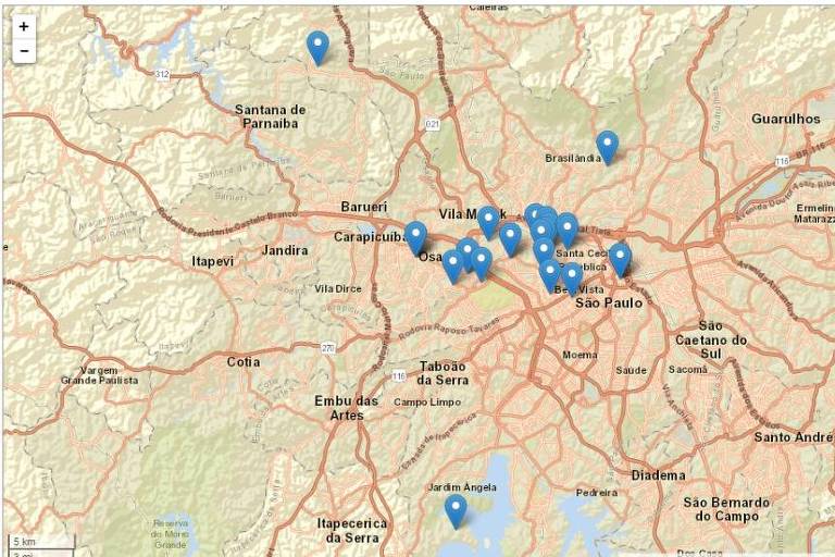 A imagem mostra um mapa de São Paulo com vários pontos marcados