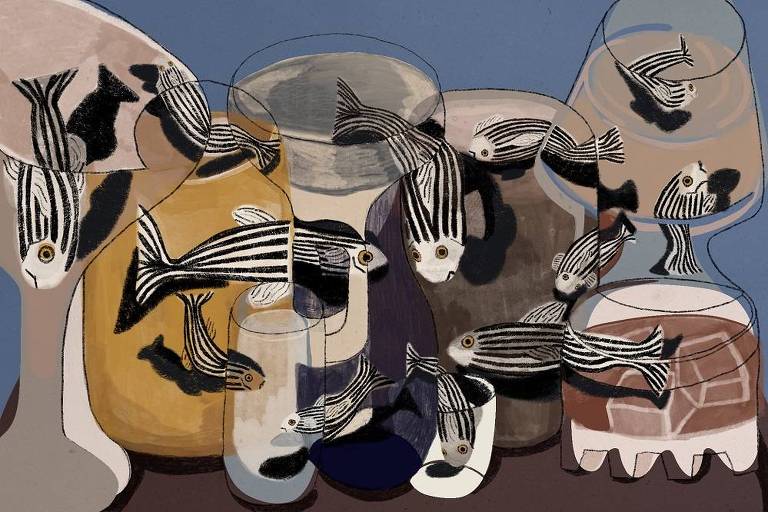 Arte ilustra diversos frascos com líquidos e peixes listrados, os zebrafishes