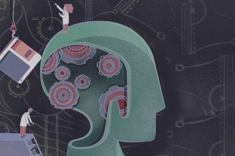 Ilustração mostra um cérebro verde com engrenagens aparentes e pessoas usando escadas ao redor do cérebro