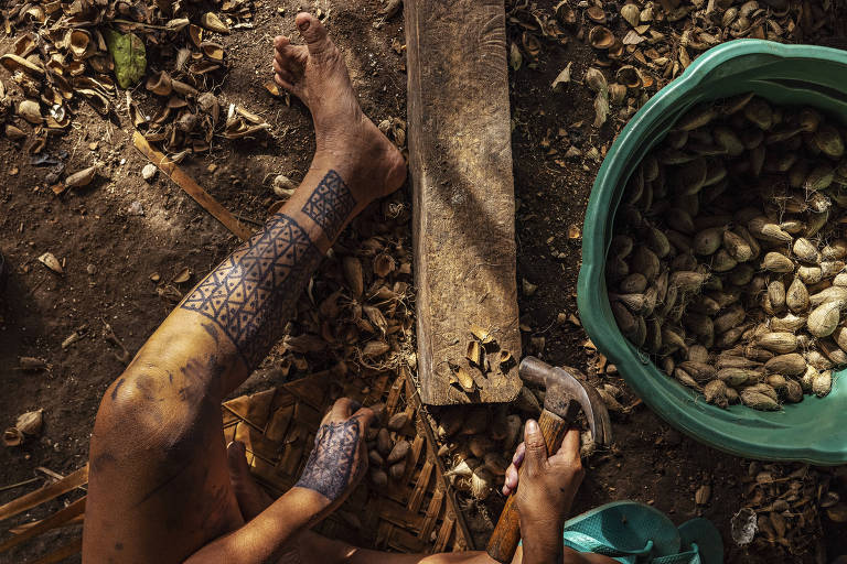 Detalhe da imagem mostra mãos, pé e sementes de murumuru de mulher indígena em chão de terra 