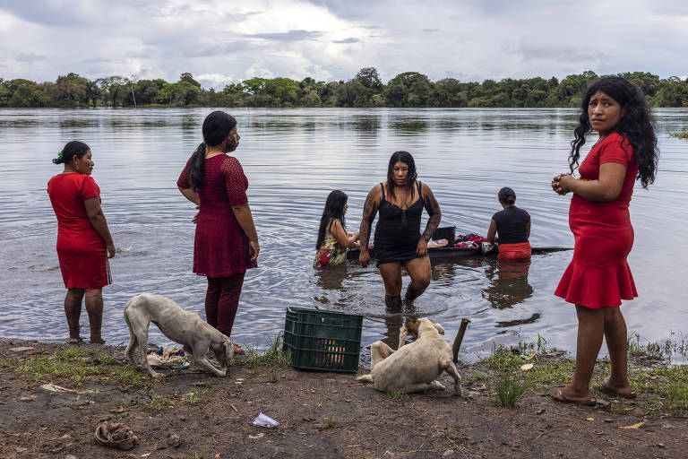 Um grupo de seis mulheres lava roupas na beira de um rio. Dois cachorros brancos as acompanham