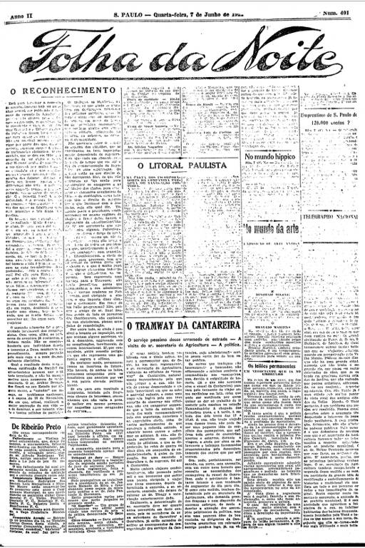 Primeira Página da Folha da Noite de 7 de junho de 1922