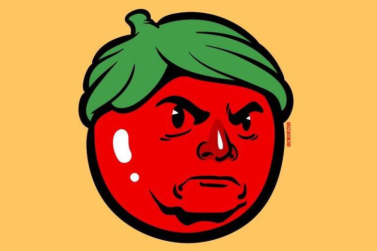Arte do ilustrador Cris insere o rosto do presidente Bolsonaro em um tomate para criticar texto da Folha 