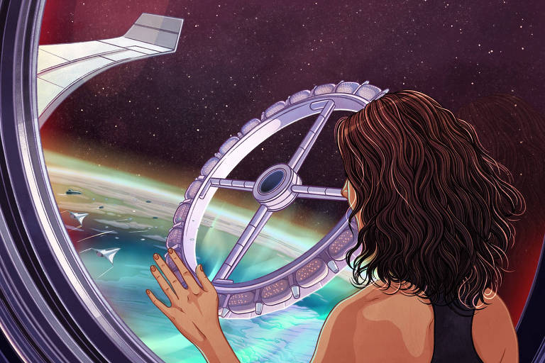 Ilustração de mulher olhando pela janela de uma nave vê a Terra