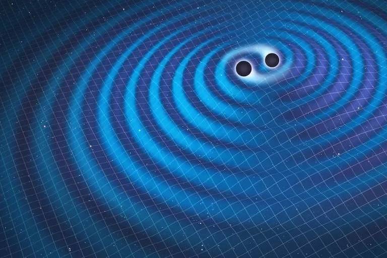 Ilustração que remete as ondas gravitacionais mostra dois círculos pretos um do lado do outro e ao redor uma aspiral em tom azul