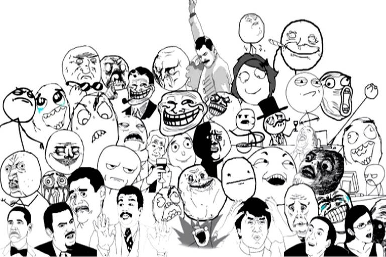 ilustração em preto e branco mostra desenhos de diversos memes antigos; eles são rostos e caricaturas que expressam emoções variadas 