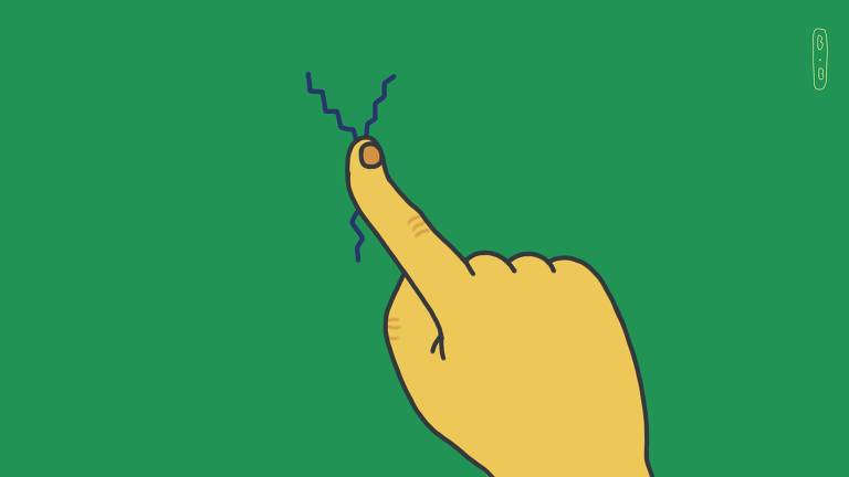 Ilustração que mostra uma parede verde com uma rachadura, que está sendo tapada por pelo dedo indicador de uma mão amarela, imitando o gesto apertar o botão da urna eletrônica