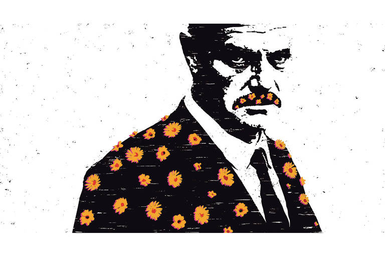 A ilustração de Adams Carvalho, publicada na Folha de São Paulo no dia 15 de Maio de 2022, mostra o desenho, em traços pretos, de um homem engravatado e extremamente sério. Sobre seu bigode e paletó repousam flores amarelas.