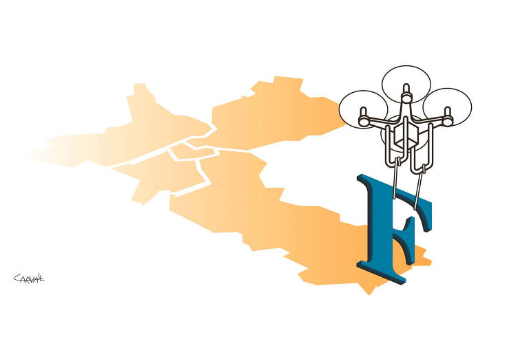 Ilustração de um drone branco carregando um F azul, semelhante ao do logotipo da Folha. Ele está sobrevoando um mapa laranja da cidade de São Paulo dividido por regiões (Norte, Leste, Sul, Oeste e Centro). O fundo é todo branco.