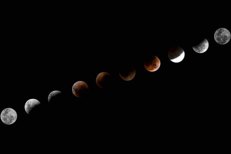 Montagem reúne imagens da lua em diversos momentos do eclipse total