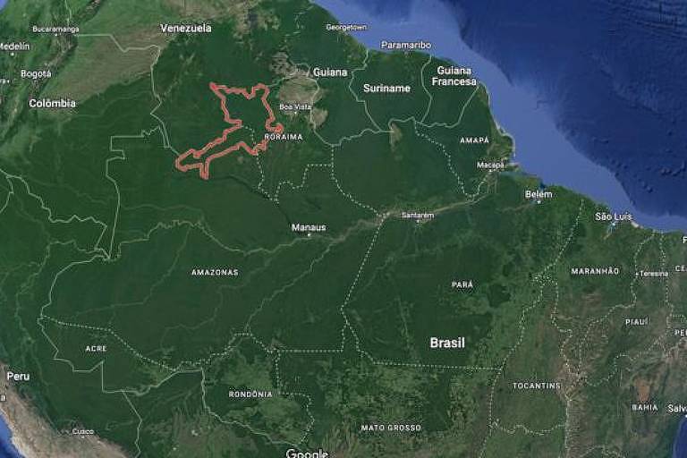 Imagem de reprodução do Google mostra mapa do Brasil, e a indicação de um território yanomami nos Estados de Roraima e Amazonas.