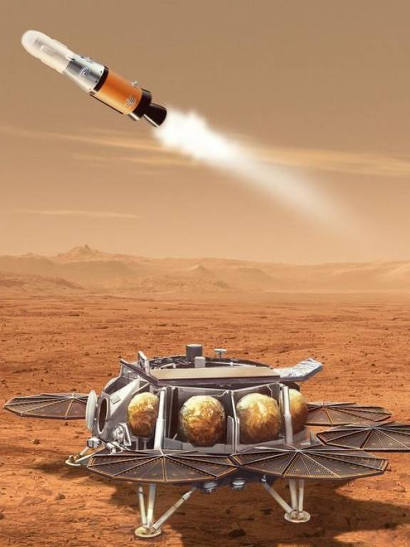 Imagem ilustrativa mostra um foguete e uma sonda em Marte