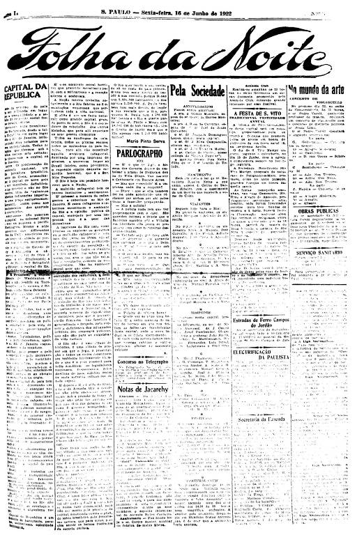 Primeira Página da Folha da Noite de 16 de junho de 1922
