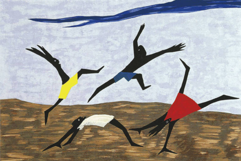Pintura expressionista de Jacob Lawrence que mostra escravos libertos correndo e pulando