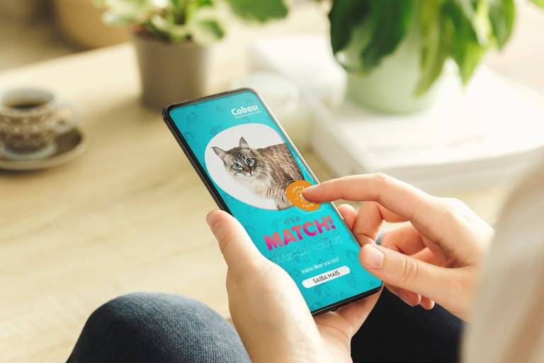 Mãos brancas seguram um celular com um gato na tela e escrito "Match"'
