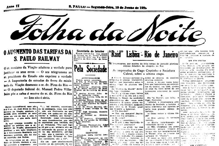 Primeira Página da Folha da Noite de 19 de junho de 1922