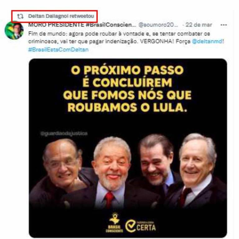 Ex-procurador Deltan Dallagnol compartilha publicação que critica Lula e ministros do STF