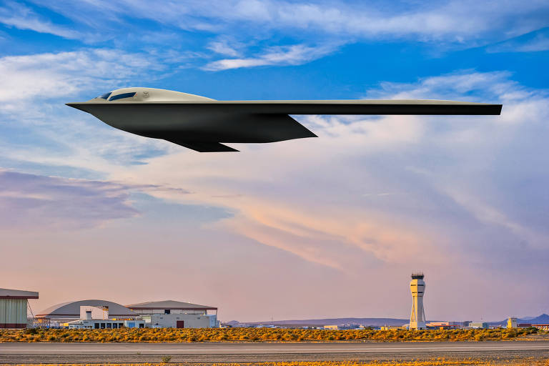 Ilustração mostra o novo bombardeiro americano, o B-21, na base aérea de Andrews
