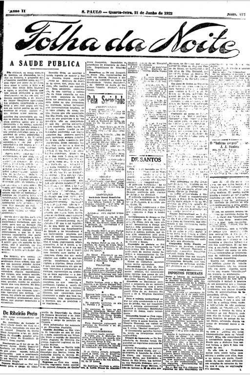 Primeira Página da Folha da Noite de 21 de junho de 1922