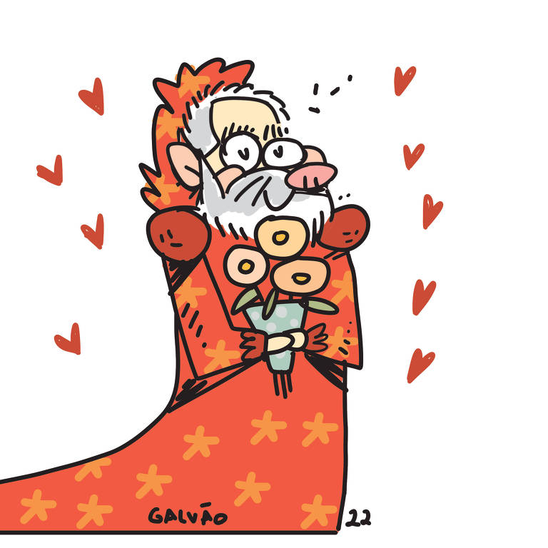 Na ilustração de Galvão Bertazzi vemos o ex presidente Lula vestindo um vetido de noiva vermelho, com detalhes de estrelas comunistas. Ele segura um ramalhete de flores e é rodeado por corações vermelhos comunista