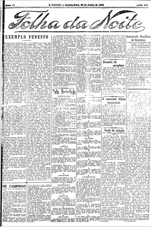 Primeira Página da Folha da Noite de 22 de junho de 1922