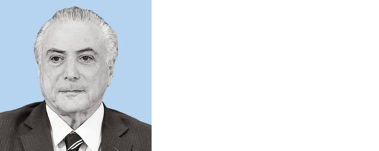 Foto de rosto P&B do ex-presidente Michel Temer recortada com um fundo azul claro