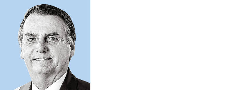 Foto de rosto P&B do presidente Jair Bolsonaro recortada com um fundo azul claro