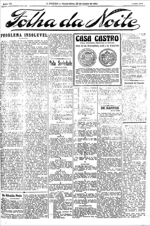 Primeira Página da Folha da Noite de 23 de junho de 1922