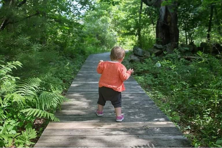 Imagem em primeiro plano mostra uma criança de costas caminhando em uma trilha em meio a vegetação