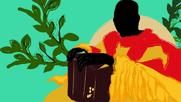 Na ilustração, sobre um fundo azul, Milton Nascimento aparece com o manto elaborado pelo estilista Ronaldo Fraga para a turnê "A última sessão da música", nas cores amarelo e vermelho. Milton segura um acordeon marrom e atrás de si surge um sol amarelo claro e arabescos verdes em formato de planta, adornando a imagem
