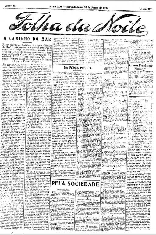 Primeira Página da Folha da Noite de 26 de junho de 1922