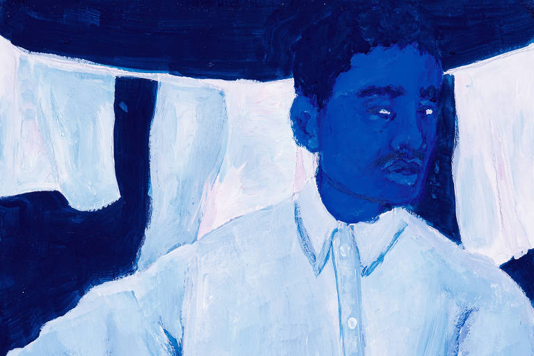 pintura em azul de homem negro em frente a varal