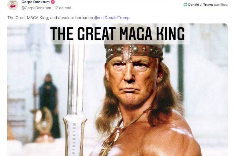 Montagem com rosto de Trump em corpo do personagem Conan, com a frase 'o grande rei Maga'