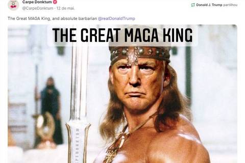 Montagem com rosto de Trump em corpo do herói Conan, com a frase 