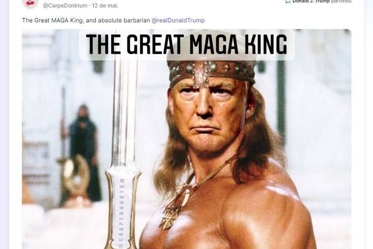 Montagem com rosto de Trump em corpo do herói Conan, com a frase "O grande rei Maga"