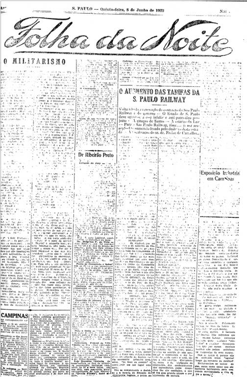 Primeira Página da Folha da Noite de 8 de junho de 1922