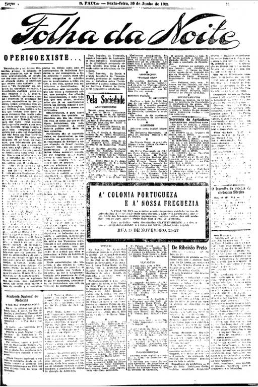 Primeira Página da Folha da Noite de 30 de junho de 1922 